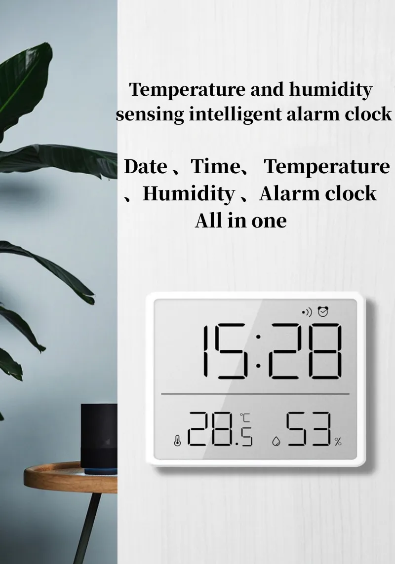 Mini Digital Alarm Clock Temperature Humidity Hourly Beep Magnetic Sucked Table Clock 12/24H Battery Powered LCD Wall Clock