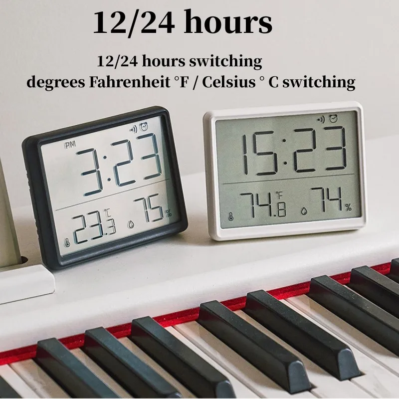Mini Digital Alarm Clock Temperature Humidity Hourly Beep Magnetic Sucked Table Clock 12/24H Battery Powered LCD Wall Clock