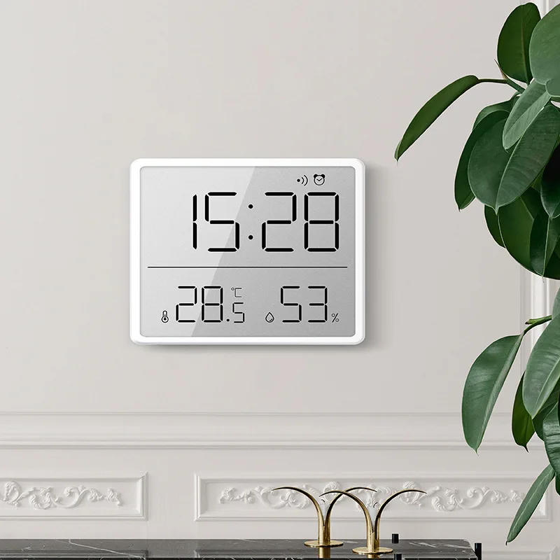 Mini Digital Alarm Clock Temperature Humidity Hourly Beep Magnetic Sucked Table Clock 12/24H Battery Powered LCD Wall Clock