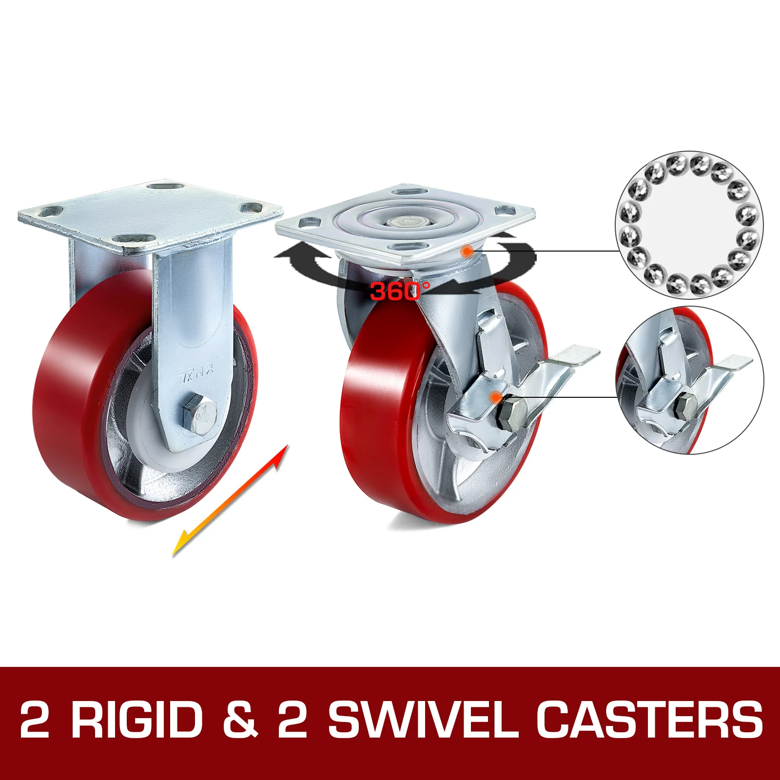 SucceBuy 4 Pack 6"x2" Heavy Duty Iron Core Polyurethane 2 Rigid and 2 Swivel Casters With Side Brake 1000LBS Capacity Per Wheel