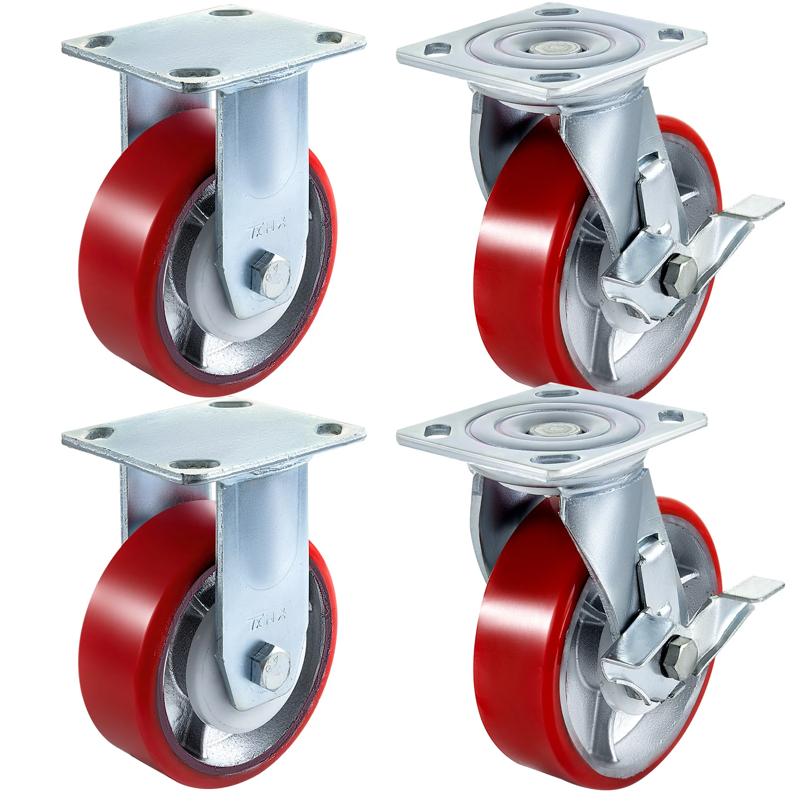 SucceBuy 4 Pack 6"x2" Heavy Duty Iron Core Polyurethane 2 Rigid and 2 Swivel Casters With Side Brake 1000LBS Capacity Per Wheel