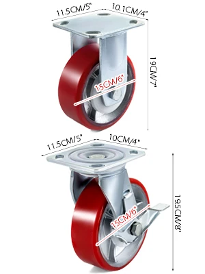 SucceBuy 4 Pack 6"x2" Heavy Duty Iron Core Polyurethane 2 Rigid and 2 Swivel Casters With Side Brake 1000LBS Capacity Per Wheel