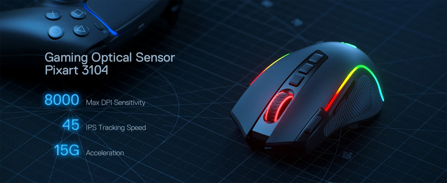 Redragon M612 PRO BT & 2.4RGB Gaming Mouse, 8000 DPI Wired/Wireless Optical Gamer Mice 11 Programmable Buttons & 6 Backlit Modes