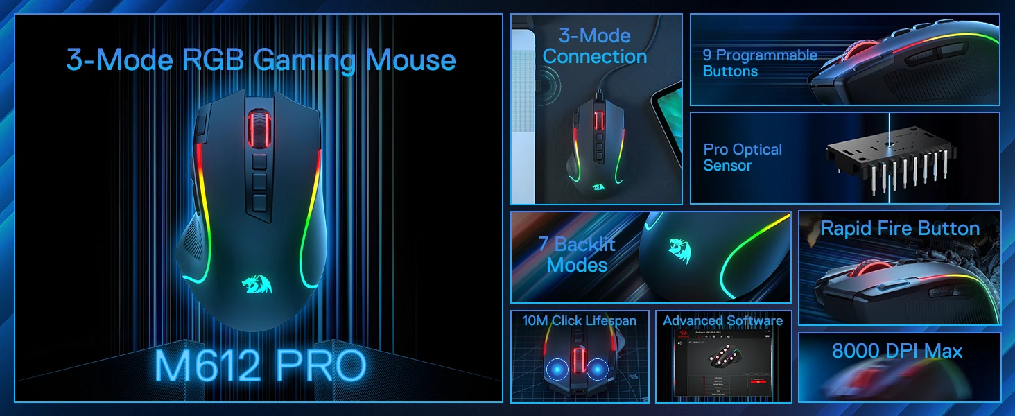 Redragon M612 PRO BT & 2.4RGB Gaming Mouse, 8000 DPI Wired/Wireless Optical Gamer Mice 11 Programmable Buttons & 6 Backlit Modes