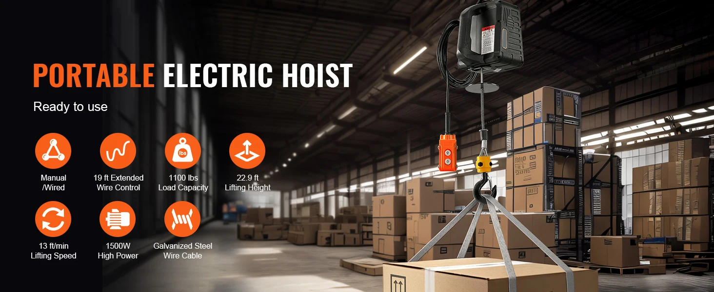 SucceBuy 1100lbs 1500W Electric Hoist Winch Portable Power Winch Crane with Wireless Remote Control for Overload Protection