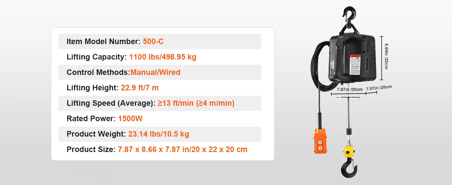SucceBuy 1100lbs 1500W Electric Hoist Winch Portable Power Winch Crane with Wireless Remote Control for Overload Protection