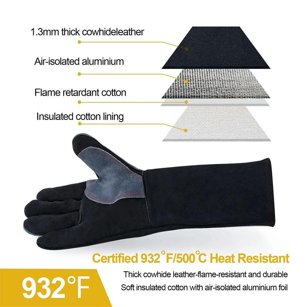 HZXVOGEN 14/16inch Welding Gloves For ARC TIG MIG Welder Works Barbecue Kitchen Stove Heat-Resistant Leather Protective Gloves