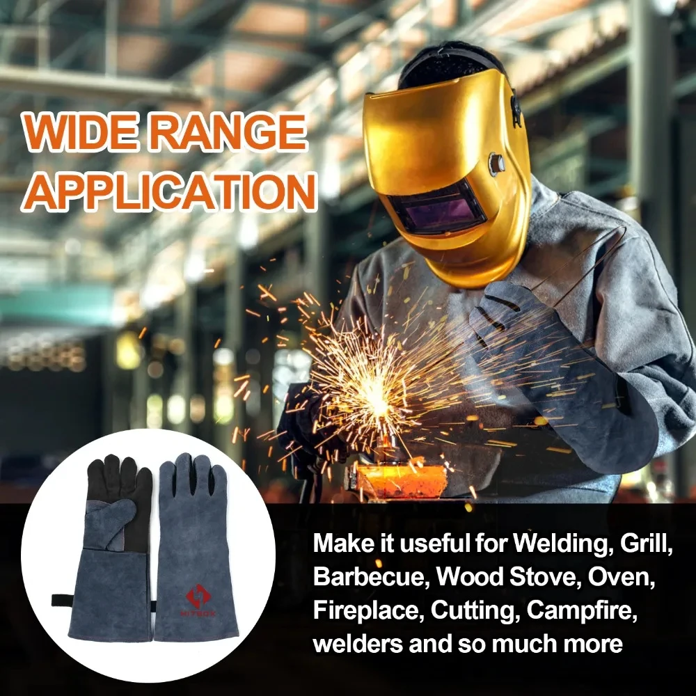HZXVOGEN 14/16inch Welding Gloves For ARC TIG MIG Welder Works Barbecue Kitchen Stove Heat-Resistant Leather Protective Gloves