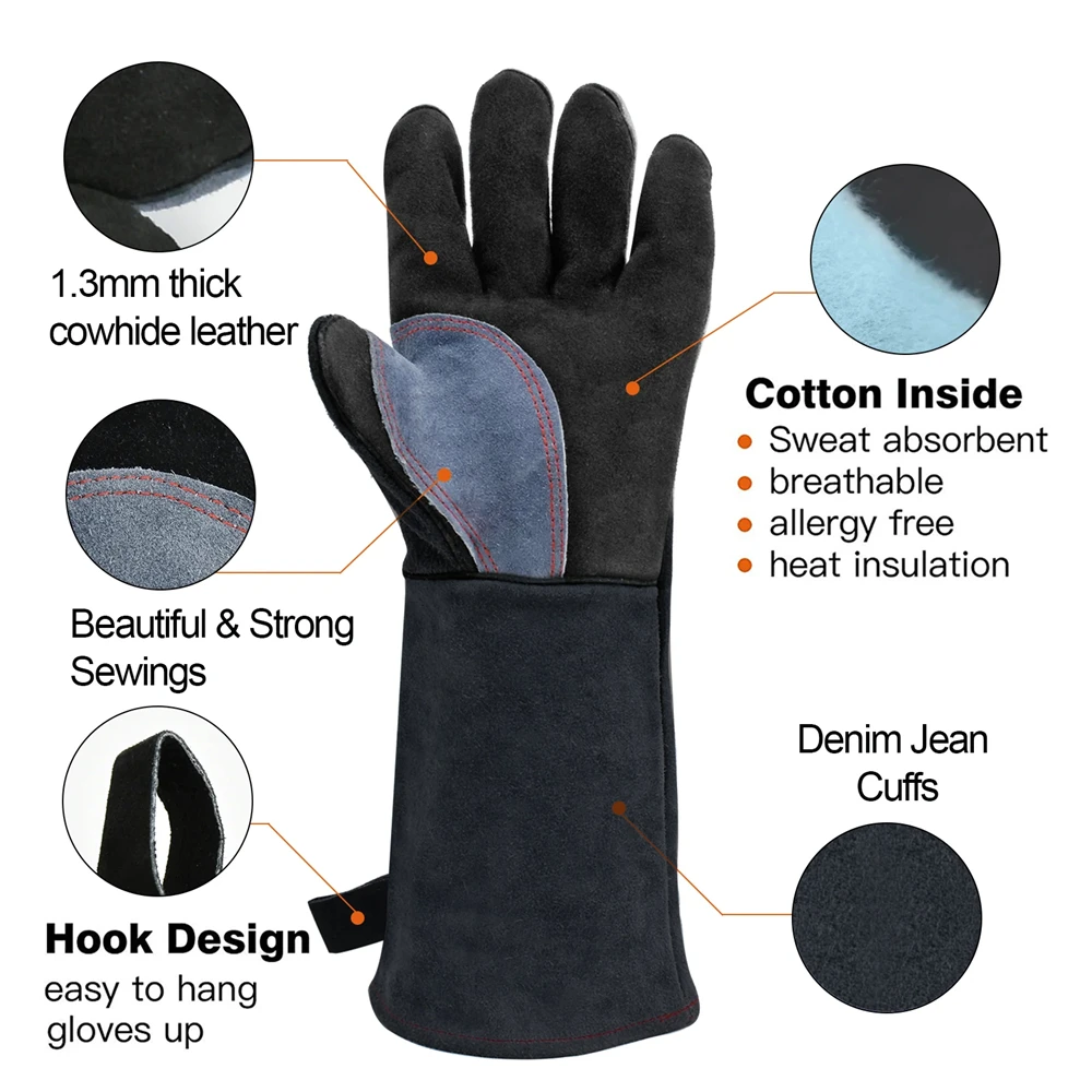 HZXVOGEN 14/16inch Welding Gloves For ARC TIG MIG Welder Works Barbecue Kitchen Stove Heat-Resistant Leather Protective Gloves