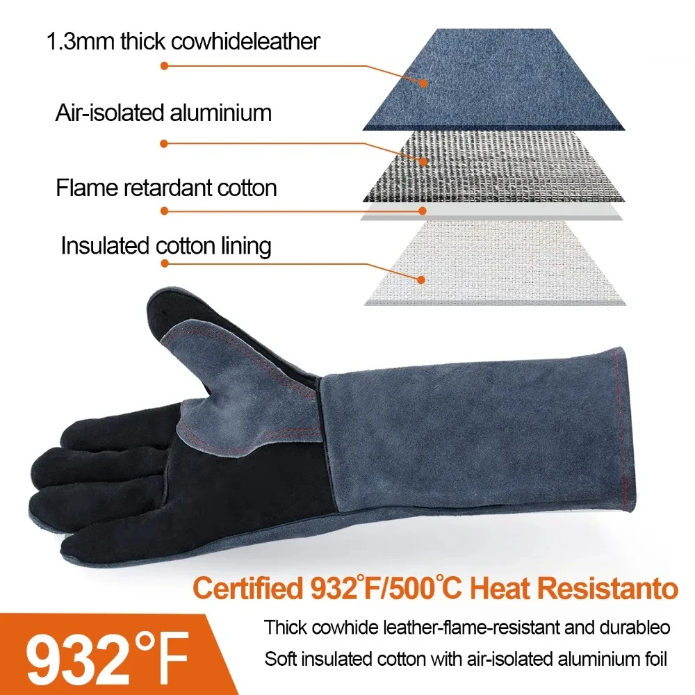 HZXVOGEN 14/16inch Welding Gloves For ARC TIG MIG Welder Works Barbecue Kitchen Stove Heat-Resistant Leather Protective Gloves