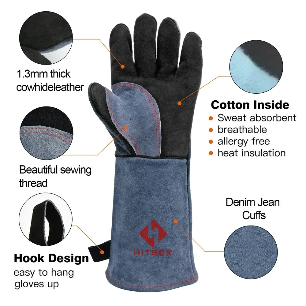 HZXVOGEN 14/16inch Welding Gloves For ARC TIG MIG Welder Works Barbecue Kitchen Stove Heat-Resistant Leather Protective Gloves