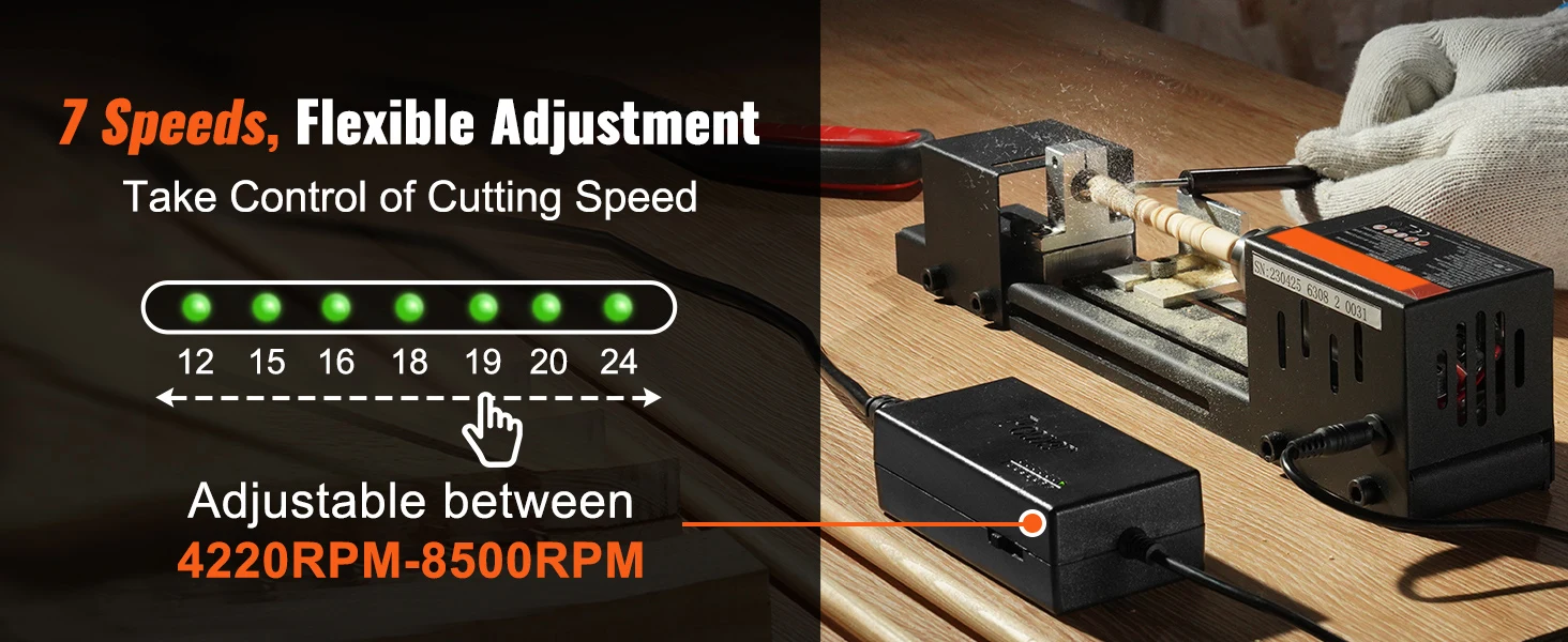SucceBuy Mini Wood Lathe Machine 2.76inx6.3in 24VDC 96W Machine Accessories 7 Speed s for DIY Woodworking Wood Drill Rotary Tool