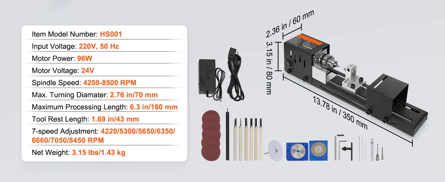 SucceBuy Mini Wood Lathe Machine 2.76inx6.3in 24VDC 96W Machine Accessories 7 Speed s for DIY Woodworking Wood Drill Rotary Tool
