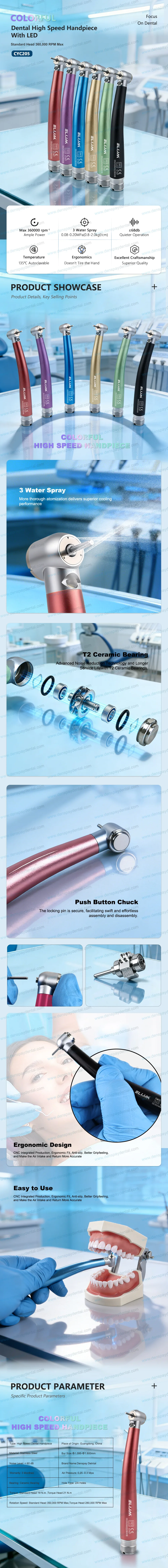 Colorful LED High Speed Dental Handpiece Push Button 3 Water Spray Air Turbine Low Noise Standard Head Dentistry Equipment Tools
