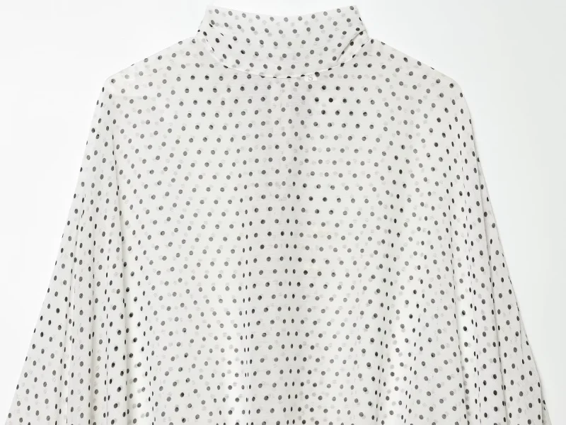 ETJ Women's Polka Dot Blouse Skirt Set 2026 Spring High Neck Batwing Sleeve Sheer Front Tie Bow Midi A-Line Dress Set