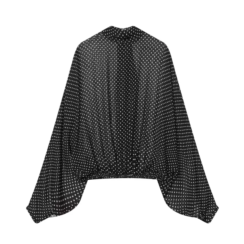 ETJ Women's Polka Dot Blouse Skirt Set 2026 Spring High Neck Batwing Sleeve Sheer Front Tie Bow Midi A-Line Dress Set