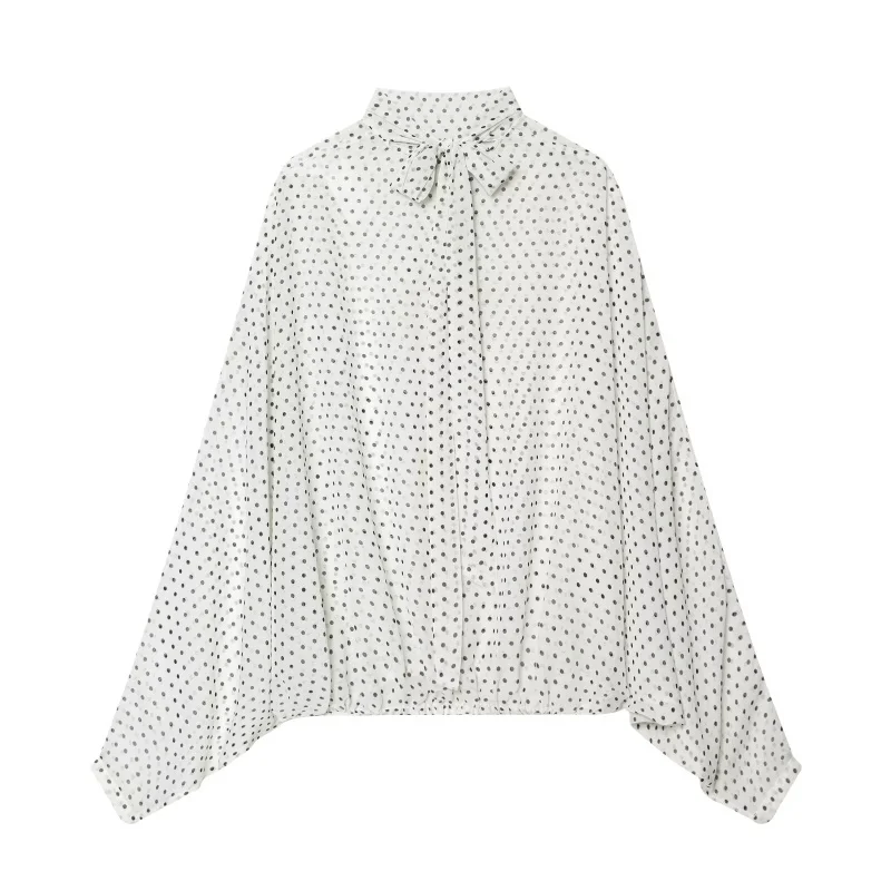 ETJ Women's Polka Dot Blouse Skirt Set 2026 Spring High Neck Batwing Sleeve Sheer Front Tie Bow Midi A-Line Dress Set