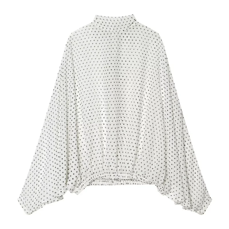 ETJ Women's Polka Dot Blouse Skirt Set 2026 Spring High Neck Batwing Sleeve Sheer Front Tie Bow Midi A-Line Dress Set