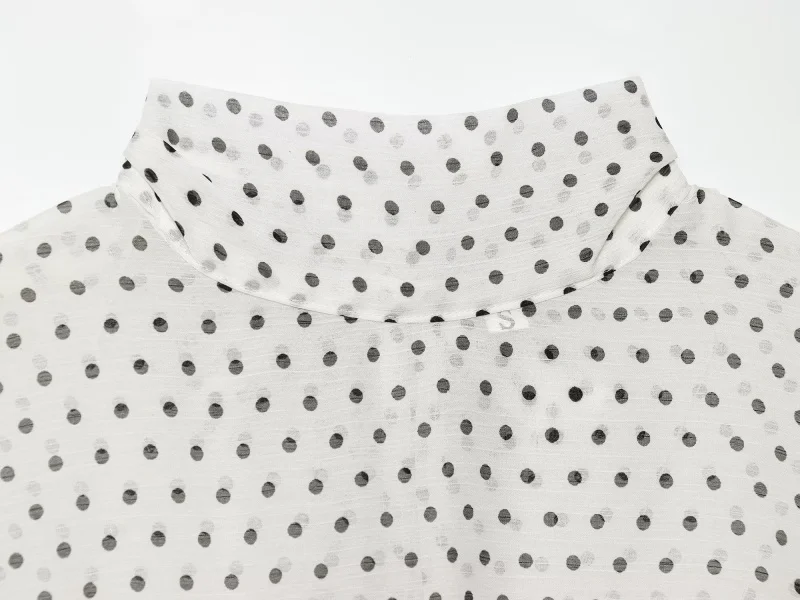 ETJ Women's Polka Dot Blouse Skirt Set 2026 Spring High Neck Batwing Sleeve Sheer Front Tie Bow Midi A-Line Dress Set