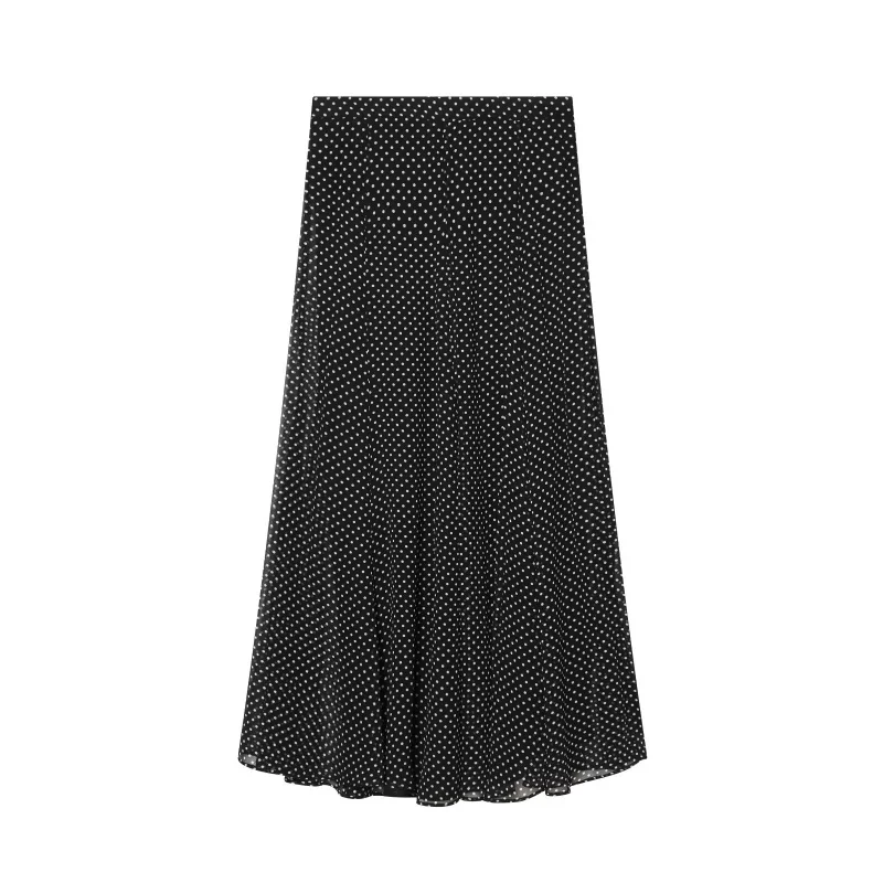 ETJ Women's Polka Dot Blouse Skirt Set 2026 Spring High Neck Batwing Sleeve Sheer Front Tie Bow Midi A-Line Dress Set
