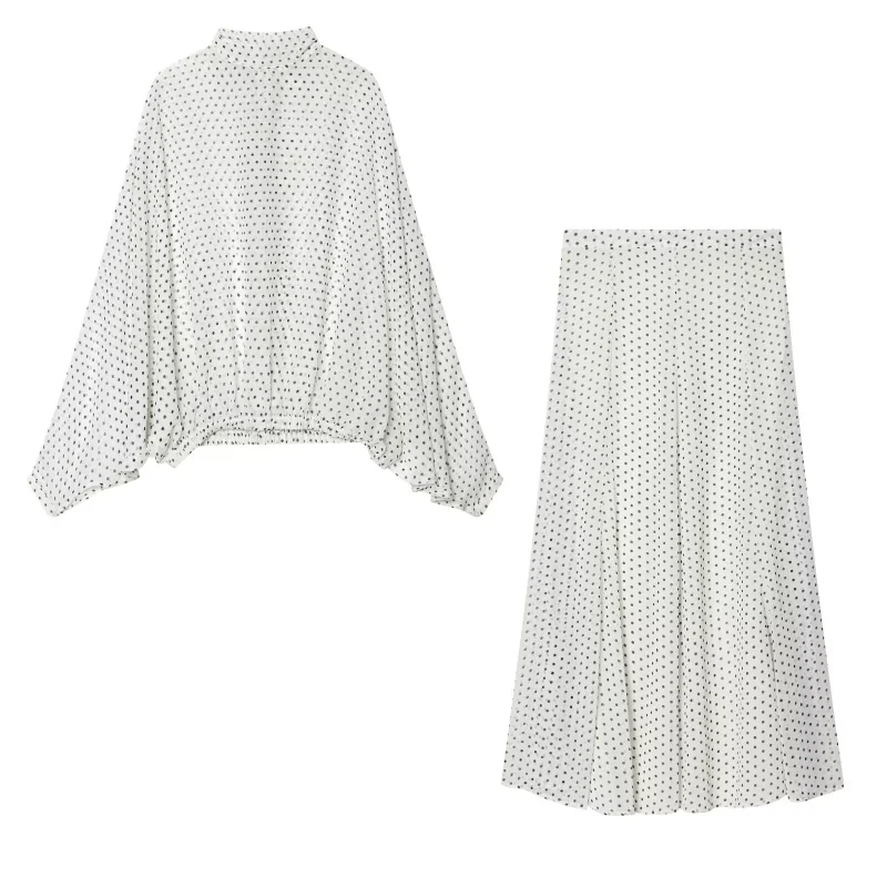ETJ Women's Polka Dot Blouse Skirt Set 2026 Spring High Neck Batwing Sleeve Sheer Front Tie Bow Midi A-Line Dress Set