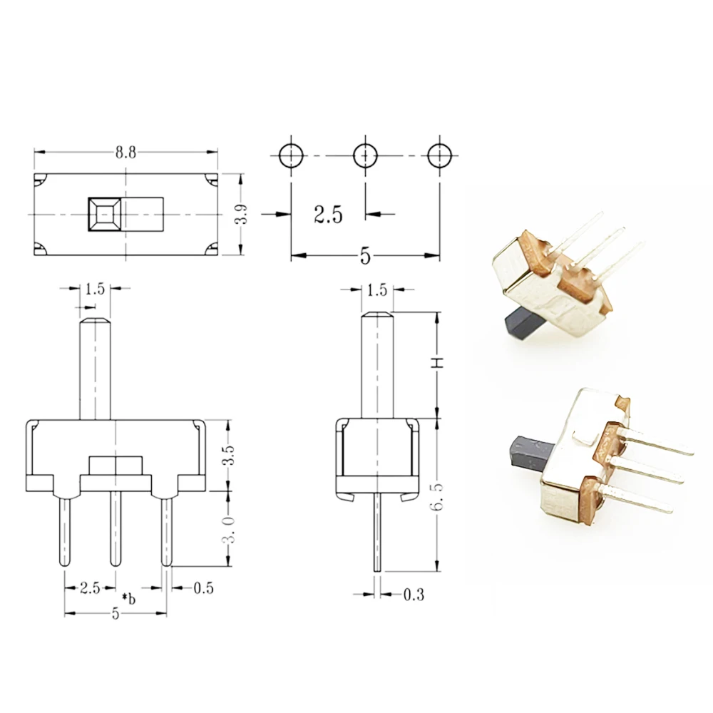 20Pcs SS12D00 Interruptor on-off mini Slide Switch 3pin 1P2T 2 Position High quality toggle switch Handle length:3MM/4MM/5MM/6MM