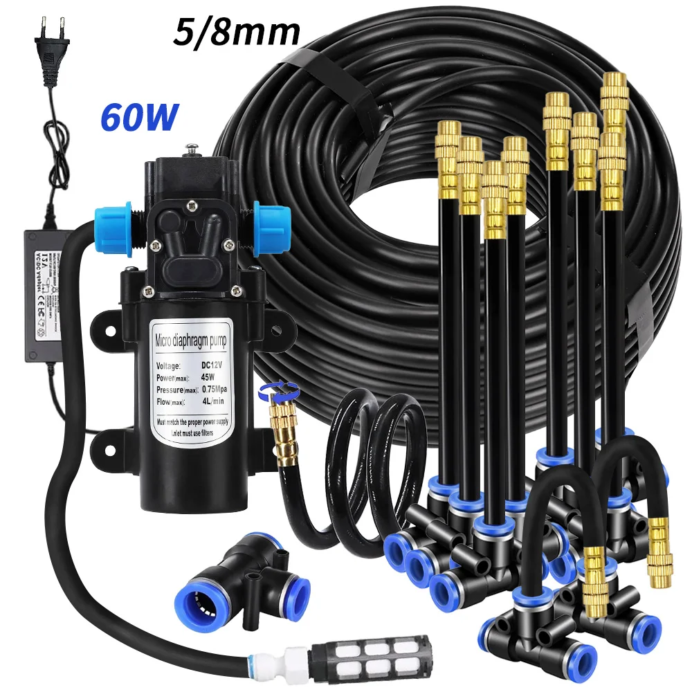 Garden 5/8mm PE Hose Sprayer Kit W/60W Self-priming Pump 20cm Universal Brass Nozzle Misting Watering System for Gazebo Plants