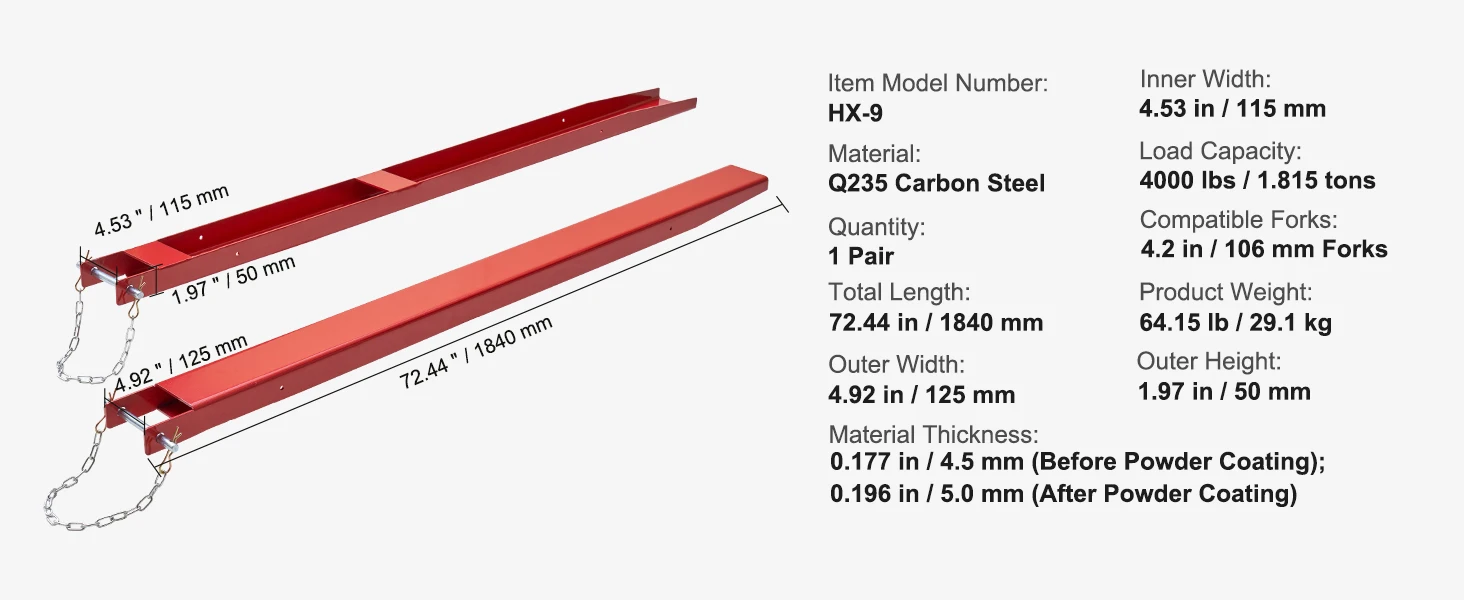 SucceBuy 1 Pair 72/82in Pallet Fork Extensions Sleeve Carbon Steel with Pins Forklift Attachments for Warehouse Cargo Handling
