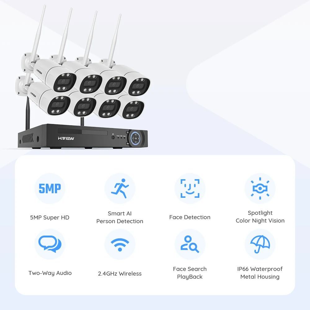 H.view 8CH 3MP 5MP Wireless 2.4GHz Wifi Camera Security System CCTV Camera Video Surveillance Kit NVR Outdoor Two-Way Audio