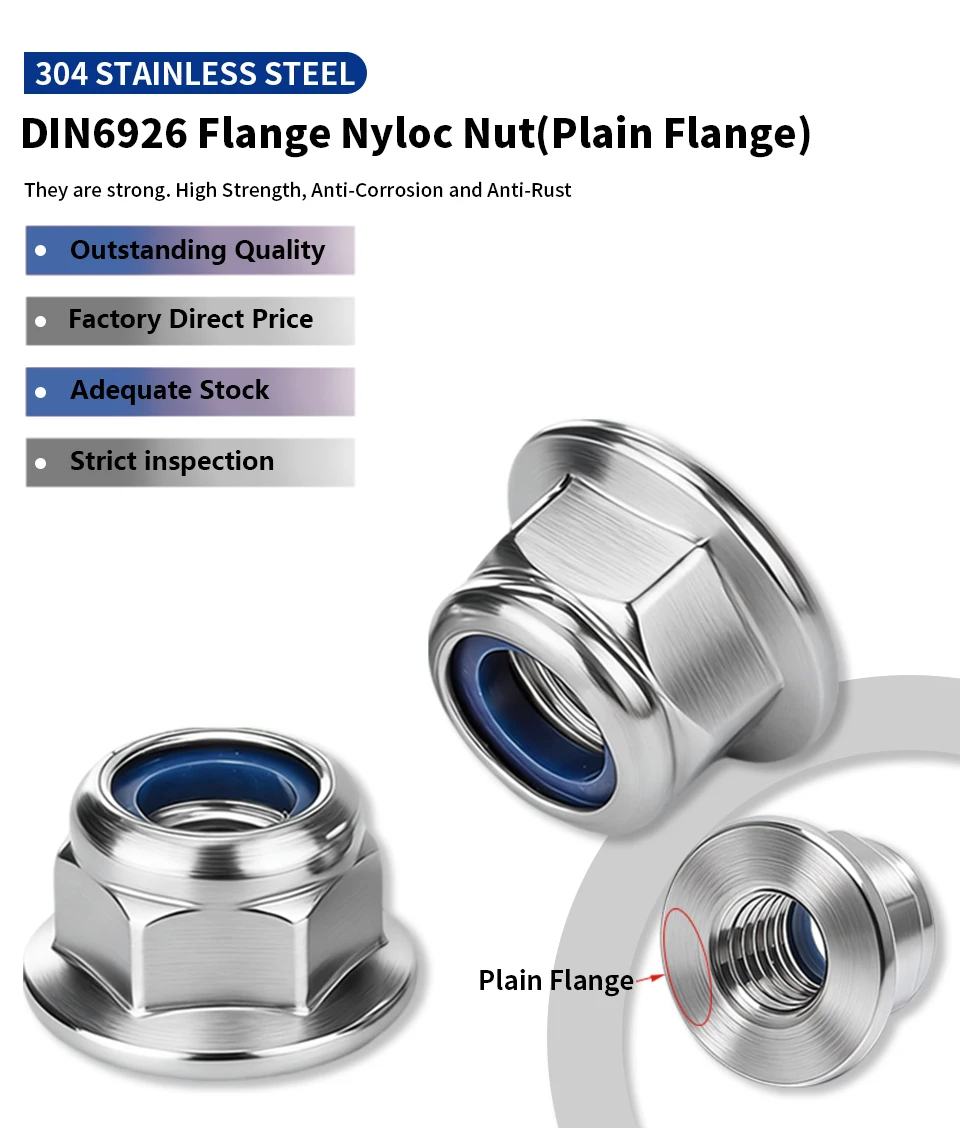DIN6926 304 Stainless Steel Flange Nyloc Nut M3 M4 M5 M6 M8 M10 M12 Non-Serrated Nylon Insert Lock Nut Plain Flange