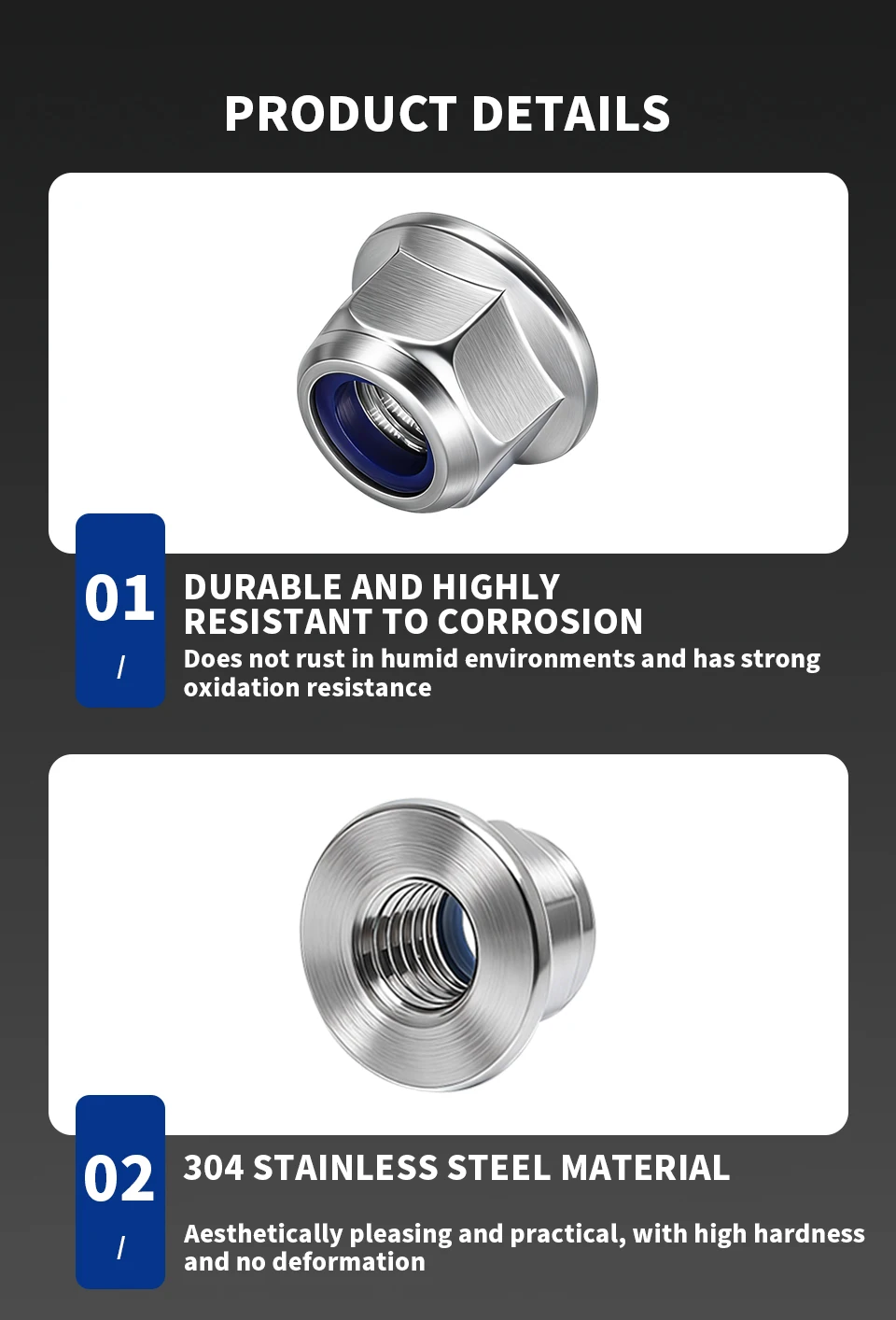DIN6926 304 Stainless Steel Flange Nyloc Nut M3 M4 M5 M6 M8 M10 M12 Non-Serrated Nylon Insert Lock Nut Plain Flange