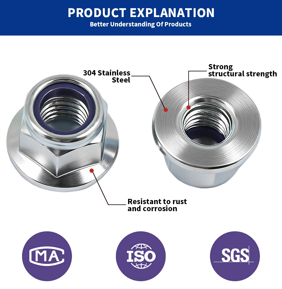 DIN6926 304 Stainless Steel Flange Nyloc Nut M3 M4 M5 M6 M8 M10 M12 Non-Serrated Nylon Insert Lock Nut Plain Flange