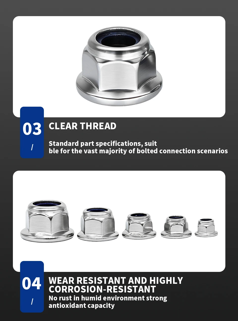 DIN6926 304 Stainless Steel Flange Nyloc Nut M3 M4 M5 M6 M8 M10 M12 Non-Serrated Nylon Insert Lock Nut Plain Flange