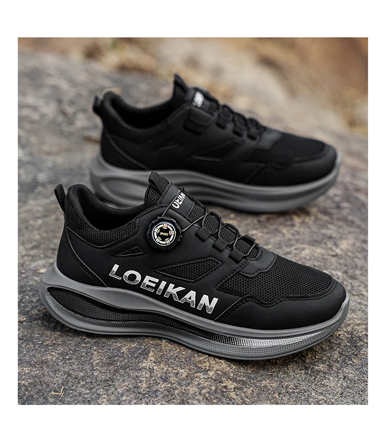 LOEIKAN Men's Rotating Button Running Shoes, Breathable Mesh Quick Lacing Athletic Sneakers