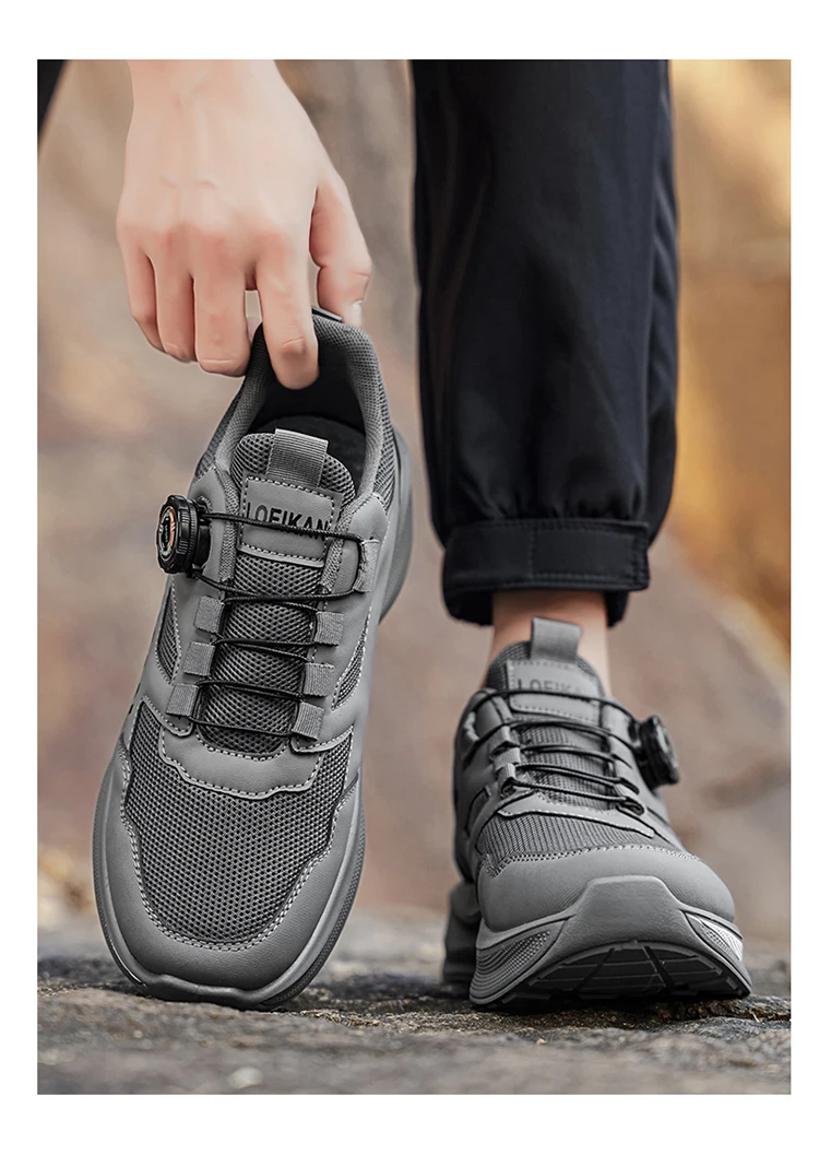 LOEIKAN Men's Rotating Button Running Shoes, Breathable Mesh Quick Lacing Athletic Sneakers