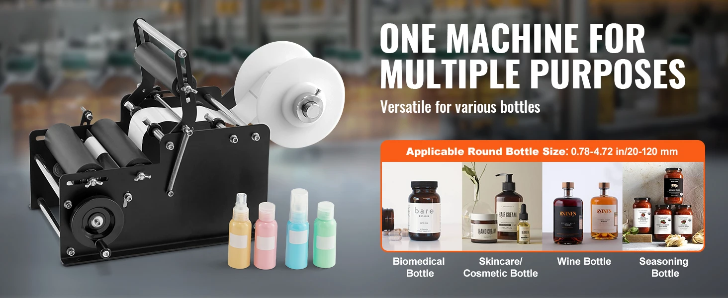 SucceBuy Manual Round Bottle Labeling Machine 15-20pcs/min Adjustable Labeler for Bottles Dia 0.78-4.72 in (with Pressing Bar)