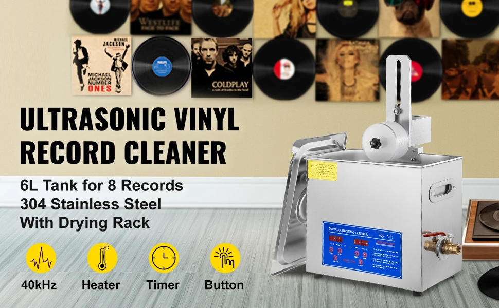 SucceBuy Ultrasonic Cleaner 6L Ultrasonic Vinyl Cleaner 7-12 In 8 Records Ultrasonic Vinyl Cleaning Machine 180W for Home Store
