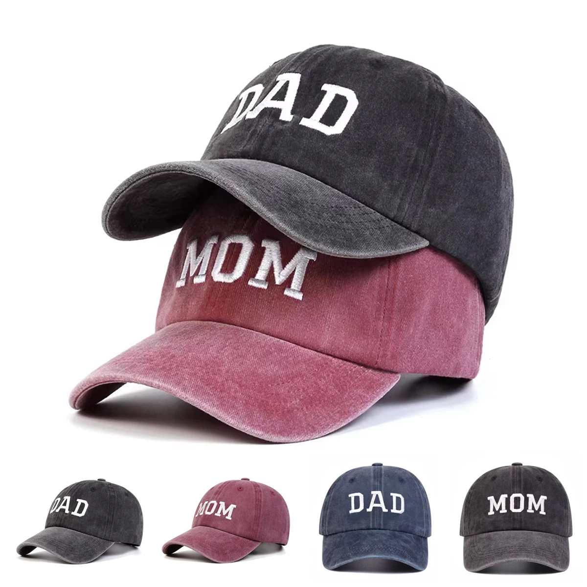 Unisex DAD MOM Letter Embroidery Wash Baseball Caps Spring and Autumn Outdoor Adjustable Casual Hats Sunscreen Hat