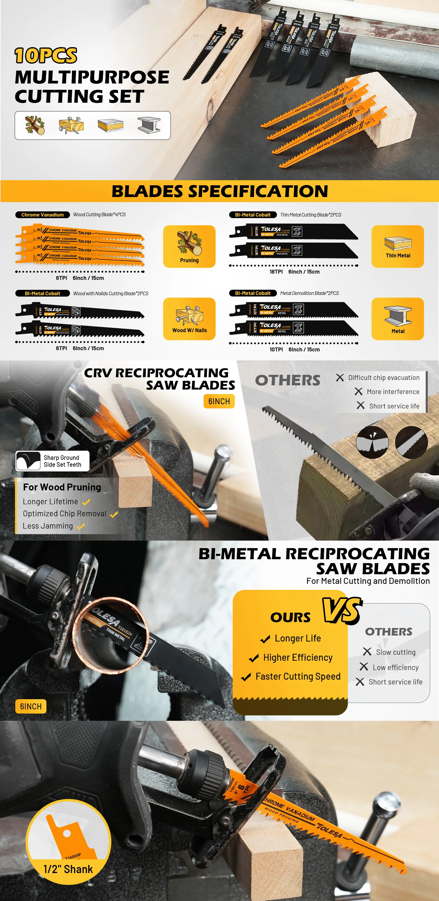 TOLESA 10PCS Reciprocating Saw Blades for Wood Pruning PVC Cutting Demolition Bi-Metal Reciprocating Saw Blade for Metal Cutting