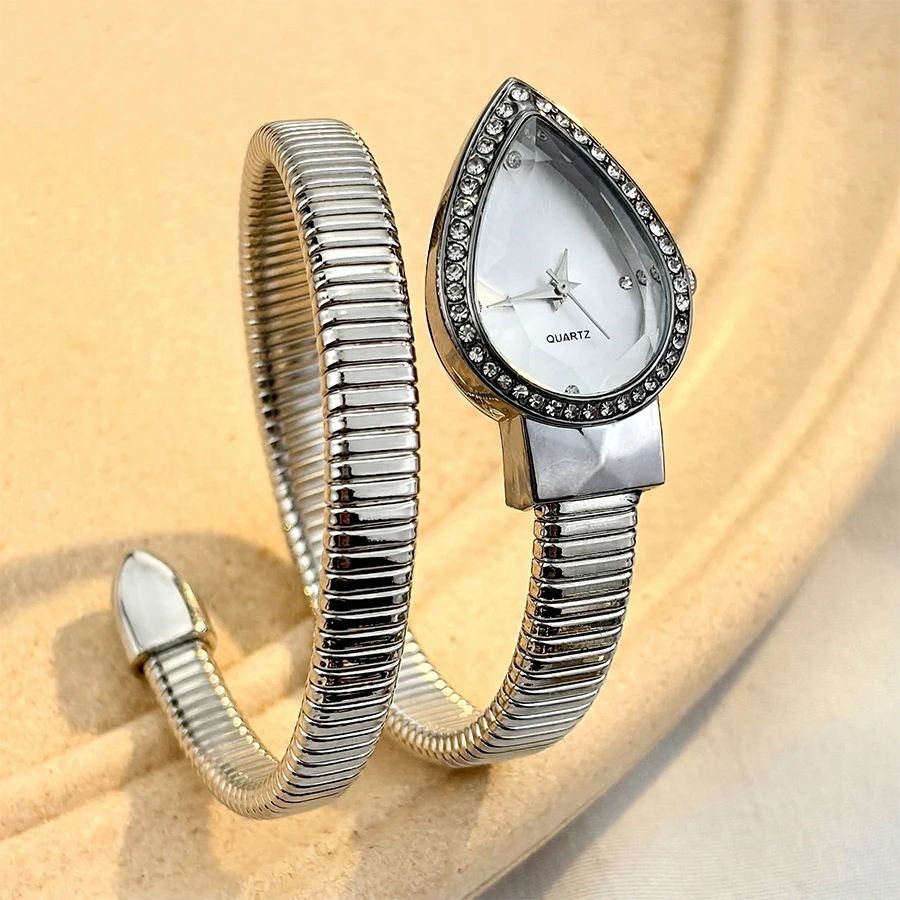 Elegant Ladies' Water-Drop Headed Watch with Snake-Shaped Band