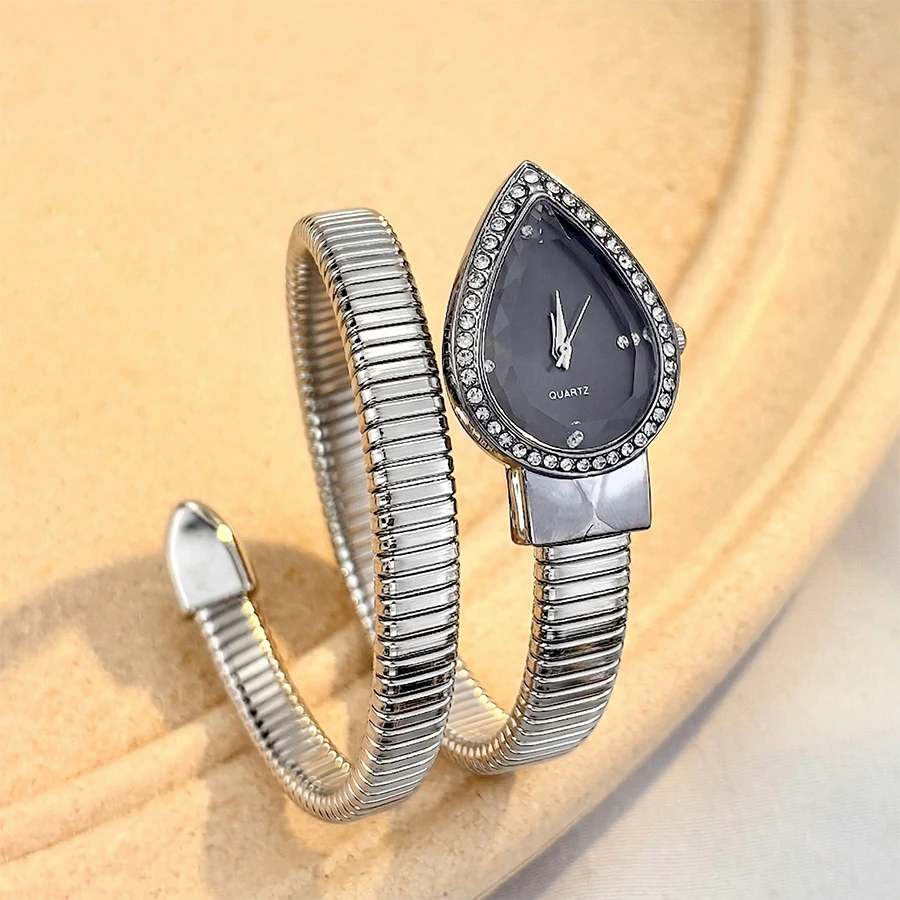 Elegant Ladies' Water-Drop Headed Watch with Snake-Shaped Band