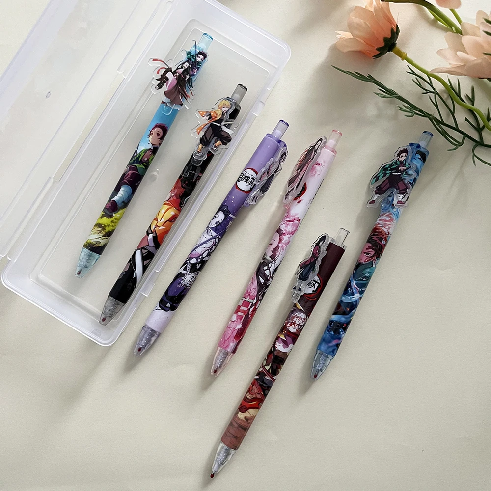 6pcs Kawaii 0.5mm Black Gel Pens Set Demon Slayer Cute Cartoon Anime School Office Supplies Gifts