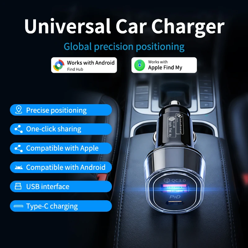 Universal Car Phone Charger USB Type-C 30W USB Quick Charging Adapter GPS Locator Tracker For IOS or Android System Find Hub App