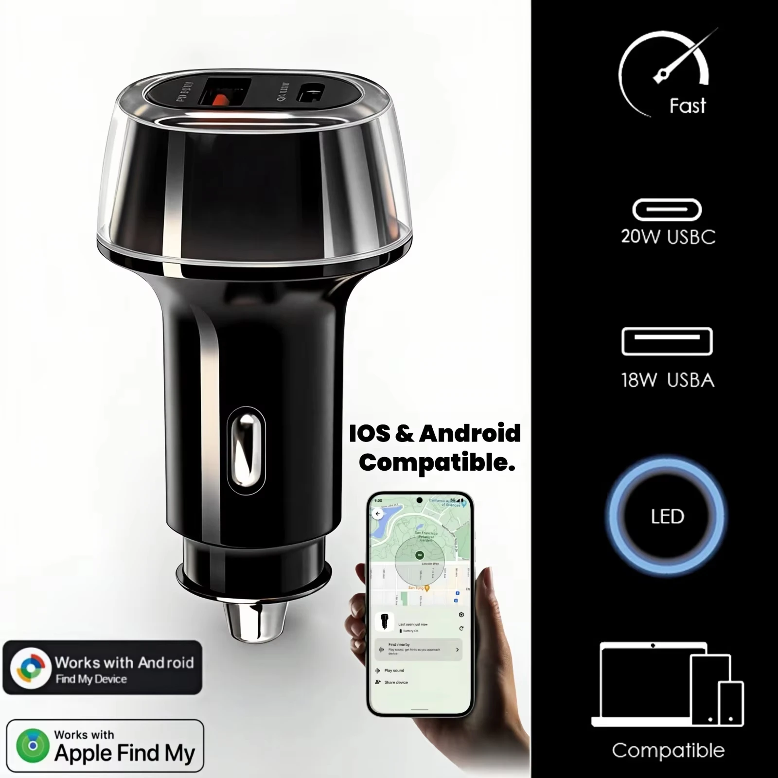 Universal Car Phone Charger USB Type-C 30W USB Quick Charging Adapter GPS Locator Tracker For IOS or Android System Find Hub App