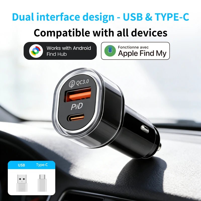 Universal Car Phone Charger USB Type-C 30W USB Quick Charging Adapter GPS Locator Tracker For IOS or Android System Find Hub App
