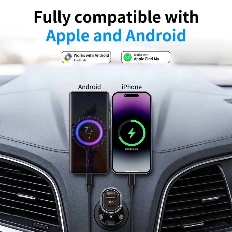 Universal Car Phone Charger USB Type-C 30W USB Quick Charging Adapter GPS Locator Tracker For IOS or Android System Find Hub App
