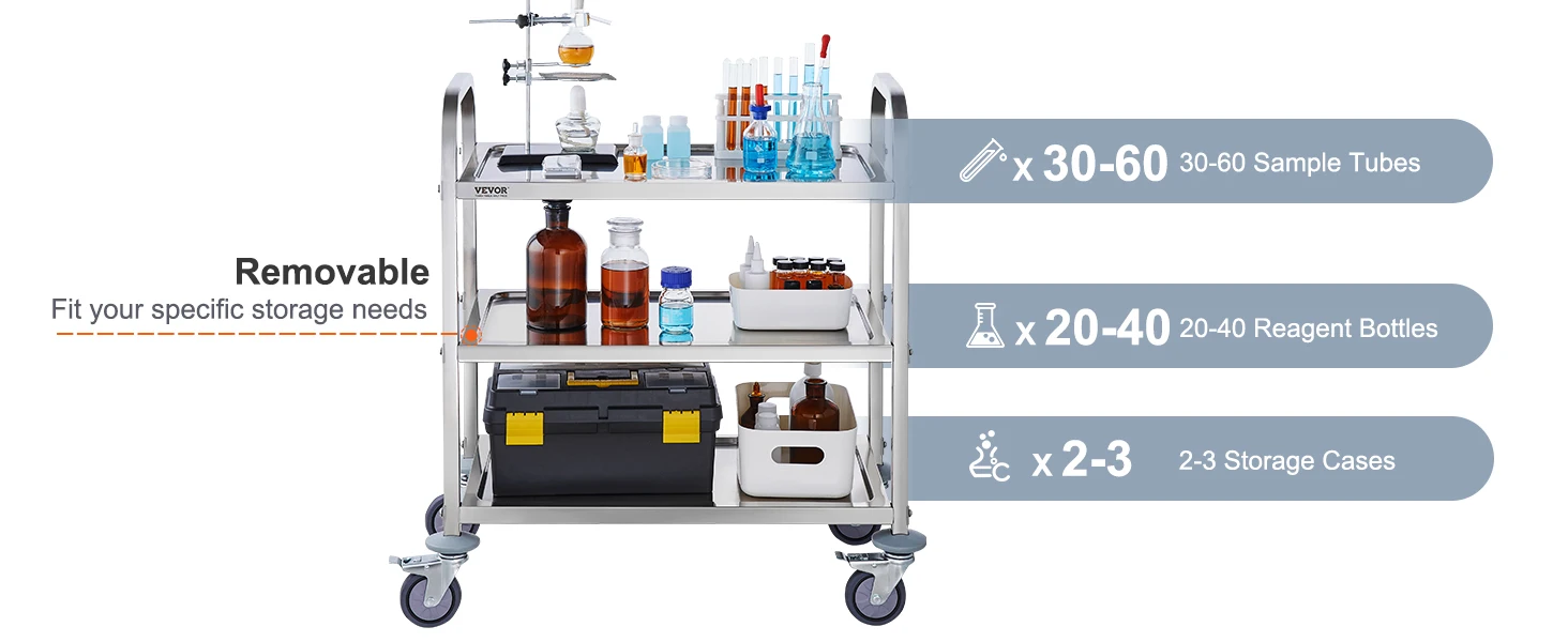 SucceBuy Stainless Steel Cart 3/2/1 Layers Lab Utility Cart Medical Cart w/ Lockable Universal Wheels for Clinic Kitchen Salon