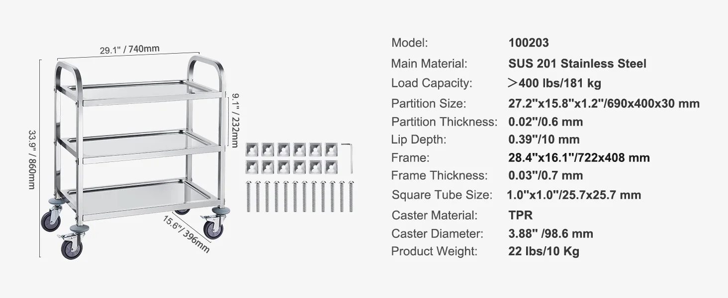 SucceBuy Stainless Steel Cart 3/2/1 Layers Lab Utility Cart Medical Cart w/ Lockable Universal Wheels for Clinic Kitchen Salon