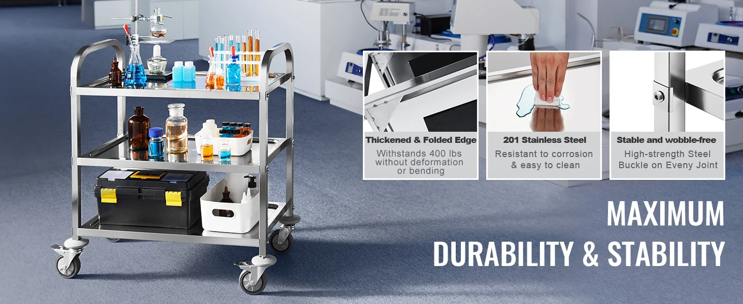 SucceBuy Stainless Steel Cart 3/2/1 Layers Lab Utility Cart Medical Cart w/ Lockable Universal Wheels for Clinic Kitchen Salon
