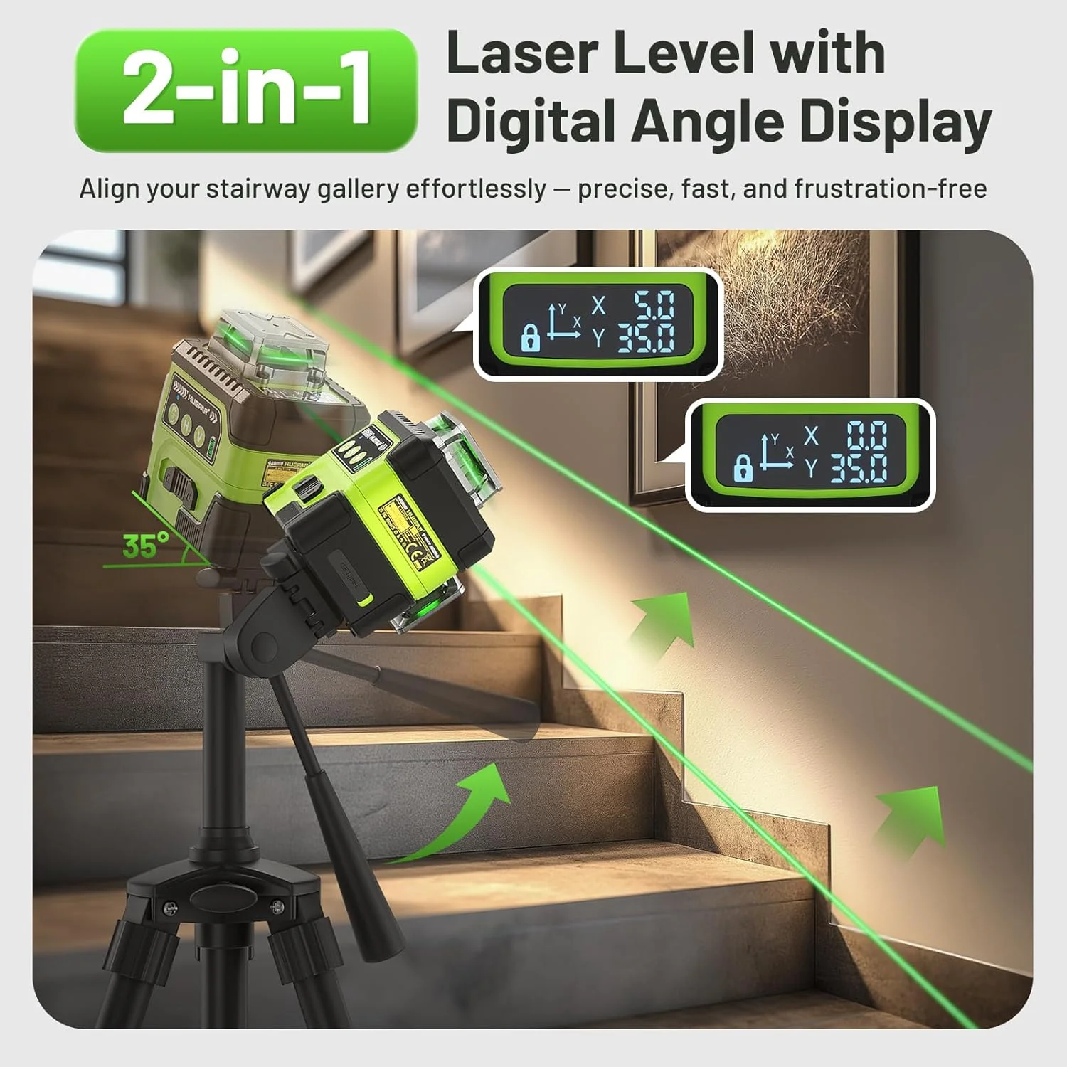 Huepar 3D Laser Level Self Leveling LCD Screen High Brightness Rechargeable Lazer Leveler with Magnetic Bracket Hard Carry Case